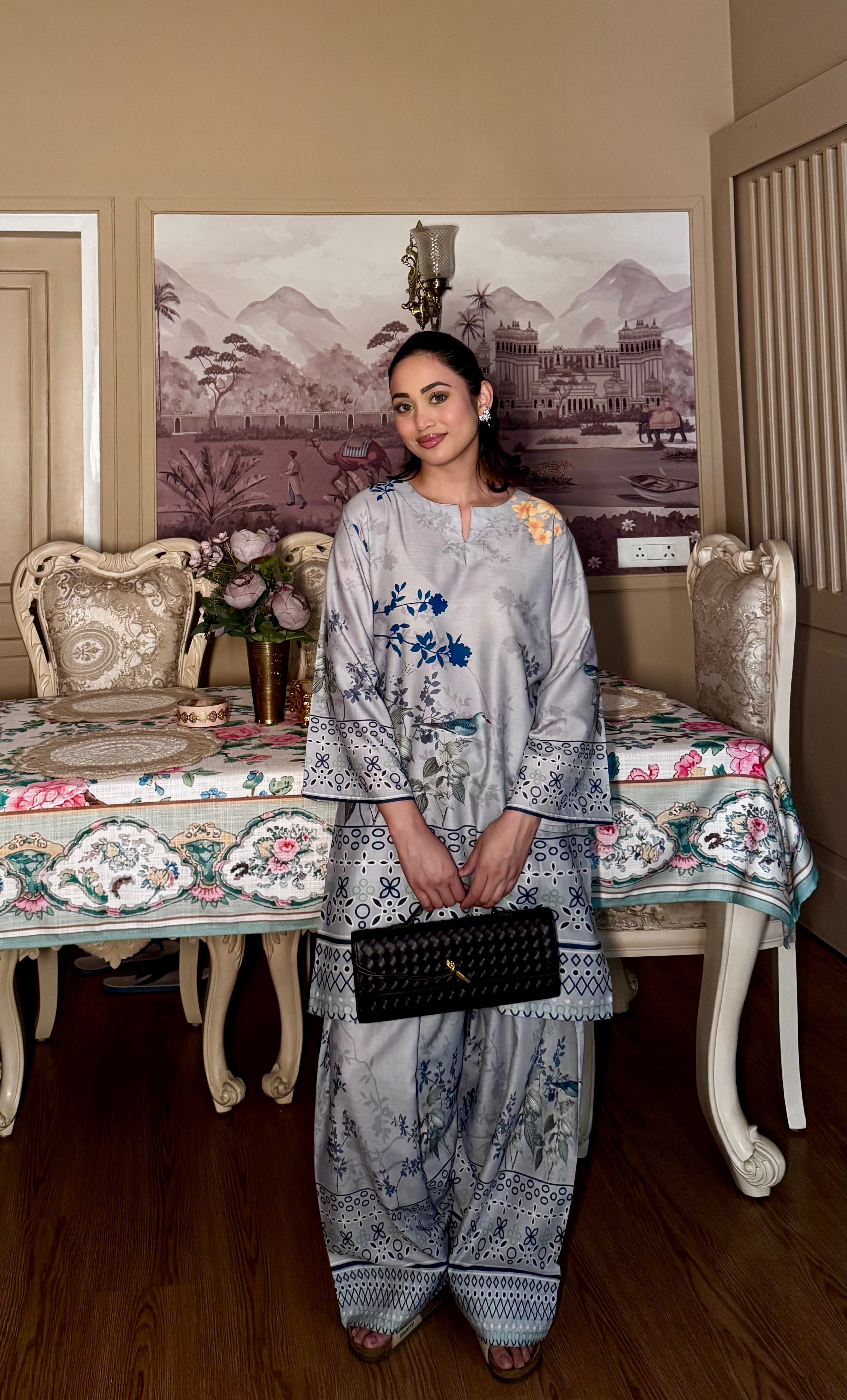 Ishita sandhu In Grey Printed Lawn Cotton Co-ord Set with Farsi Pants