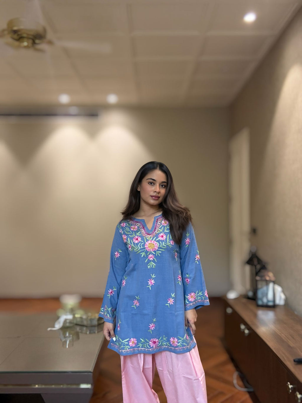 Kaashwi In Denim Cotton Kashmiri Aari Short Kurta - Denim Blue