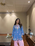 Kaashwi In Denim Cotton Kashmiri Aari Short Kurta - Denim Blue