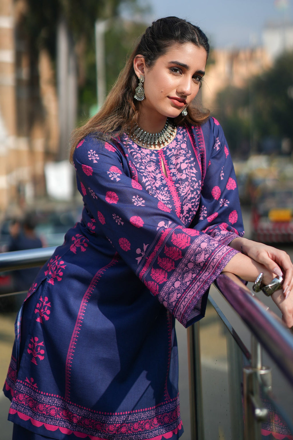 Navy & Pink Printed Lawn Cotton Co-ord Set