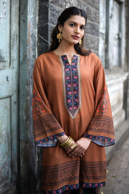 Cocoa Brown Printed  Lawn Cotton Co-ord Set