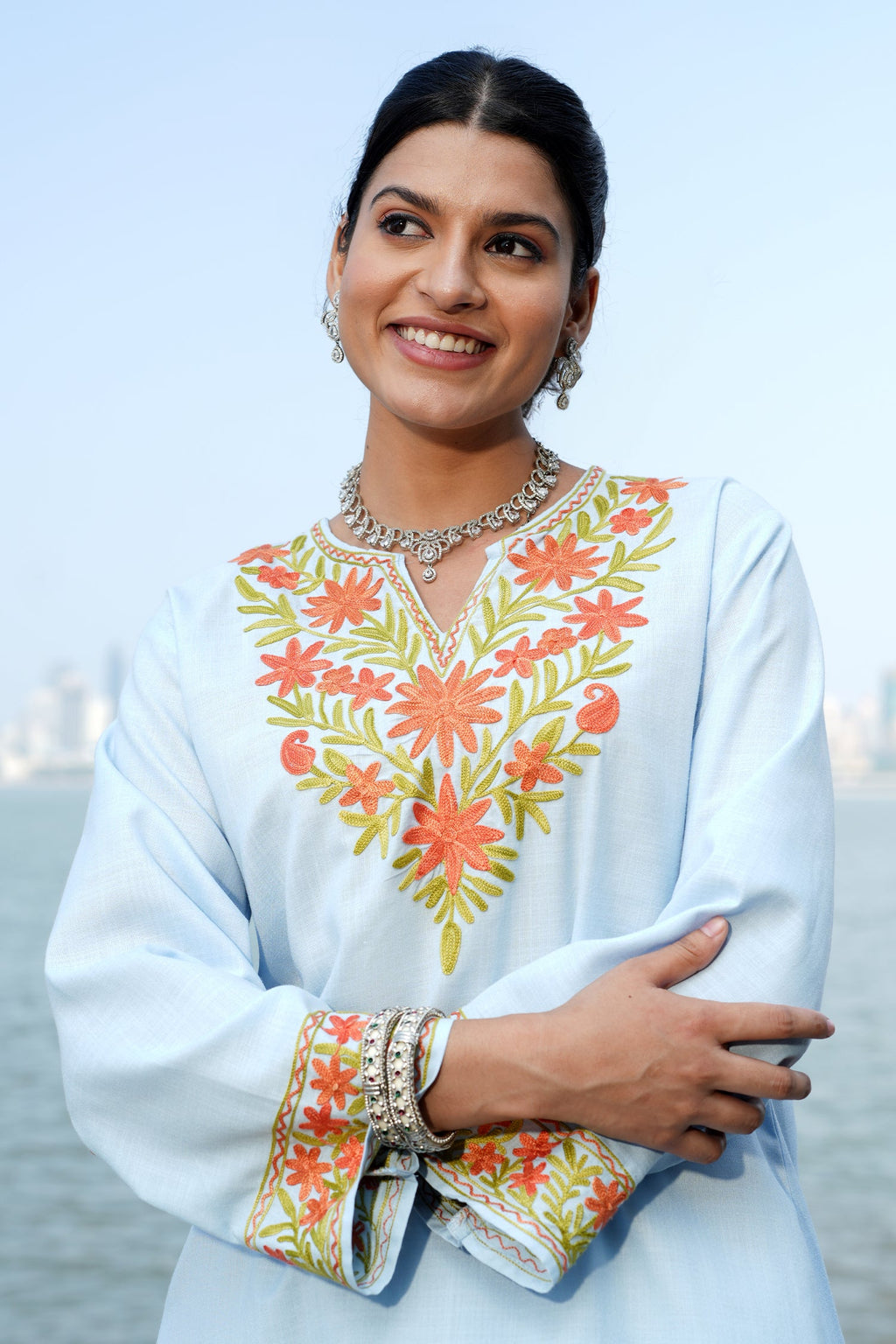 Cotton Kashmiri Aari Embroidered Kurta Set - Sky Blue