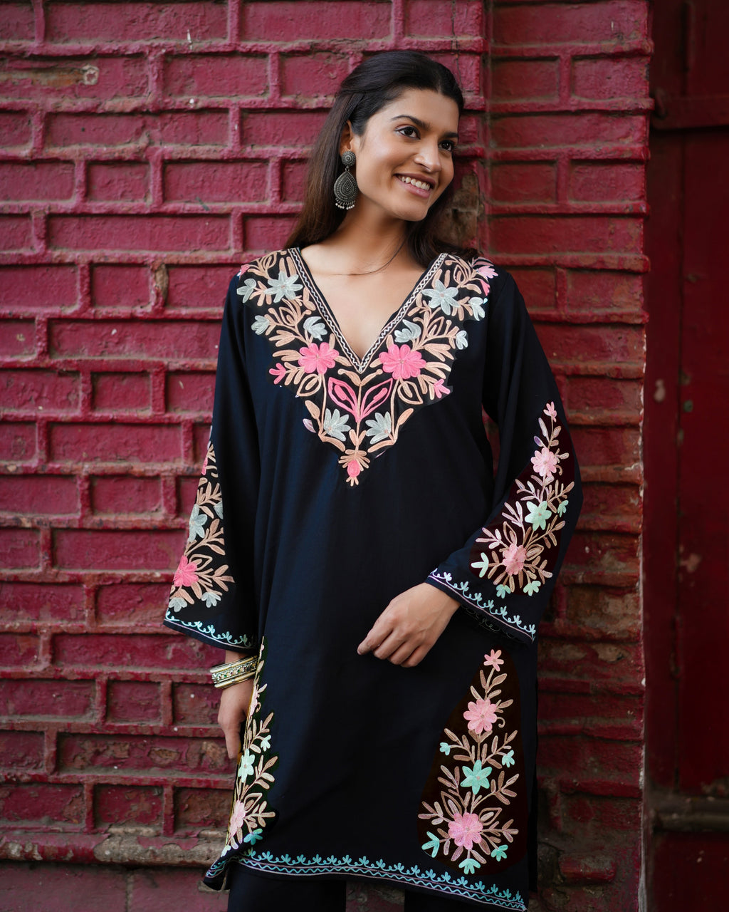 Cotton Kashmiri Aari Embroidered Long Kurta - Black