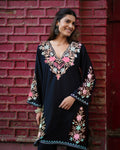 Cotton Kashmiri Aari Embroidered Long Kurta - Black