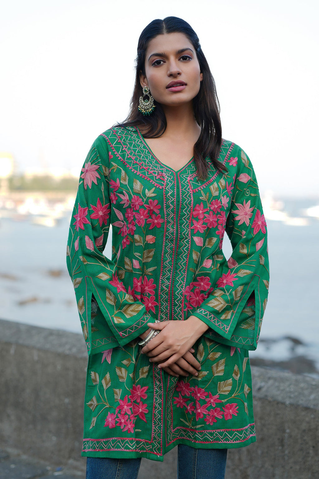 Cotton Kashmiri Aari Embroidered Jacket – Green