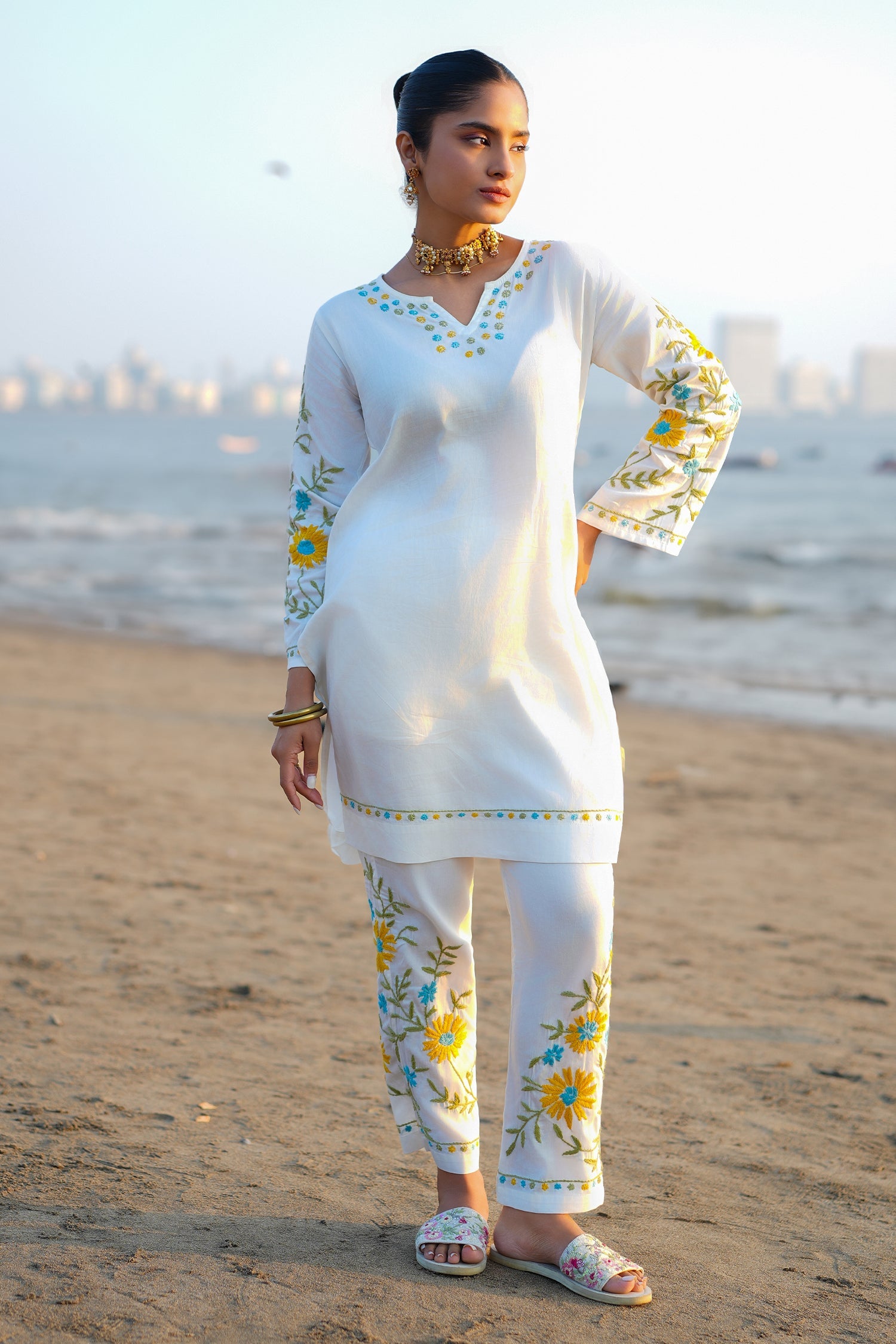 Cotton Chikankari Embroidered Kurta Set With Straight Pants – Ivory Flora