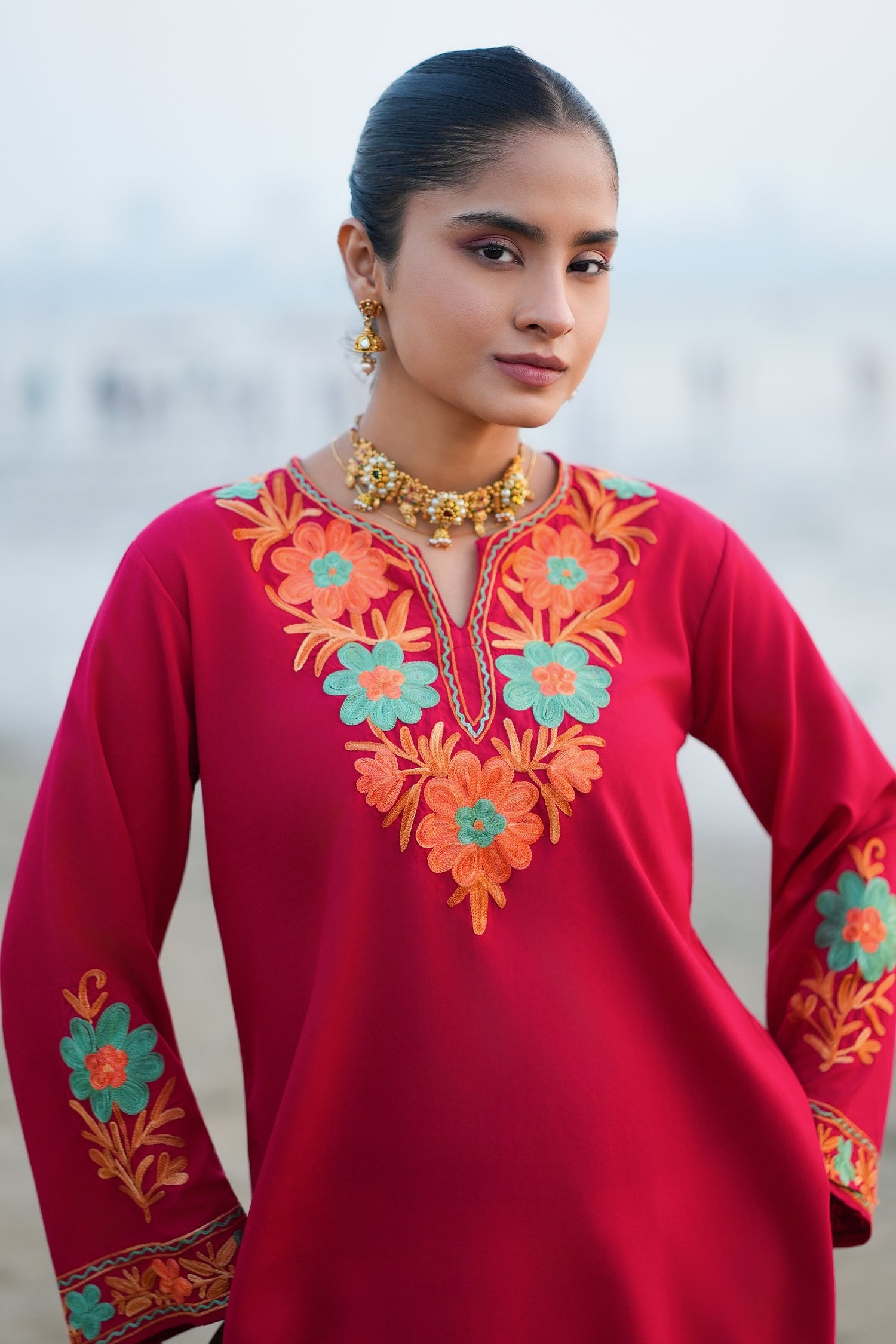 Cotton Kashmiri Aari Embroidered Short Kurta - Maroon
