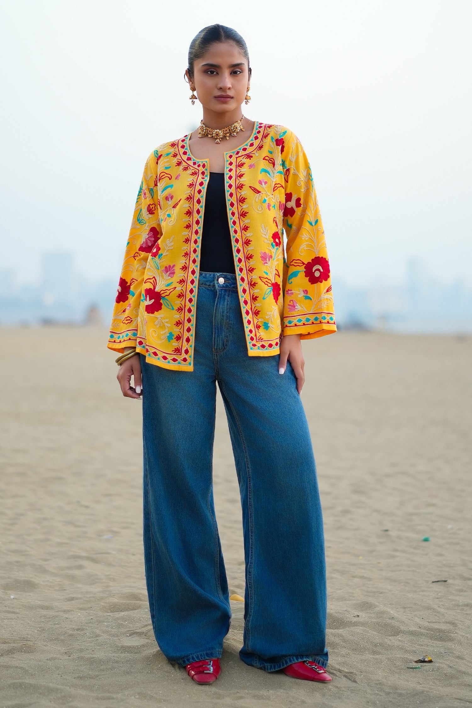 Cotton Kashmiri Aari Embroidered Jacket – Mustard