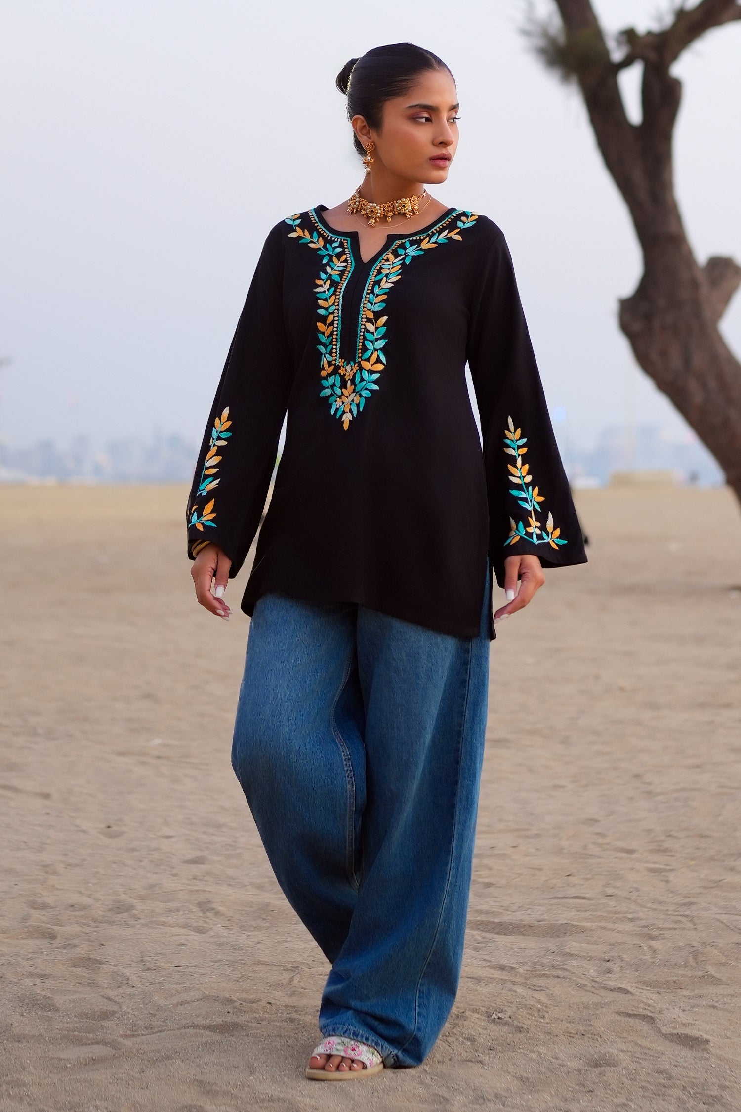 Chikankari Embroidered  Short Kurta in Rayon – Black