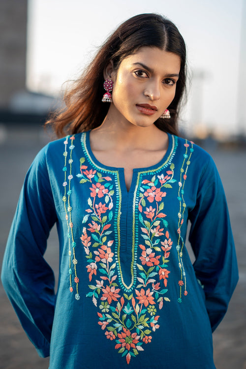 Chikankari Embroidered Kurta Set With Bellbottoms in Cotton – Teal Blue