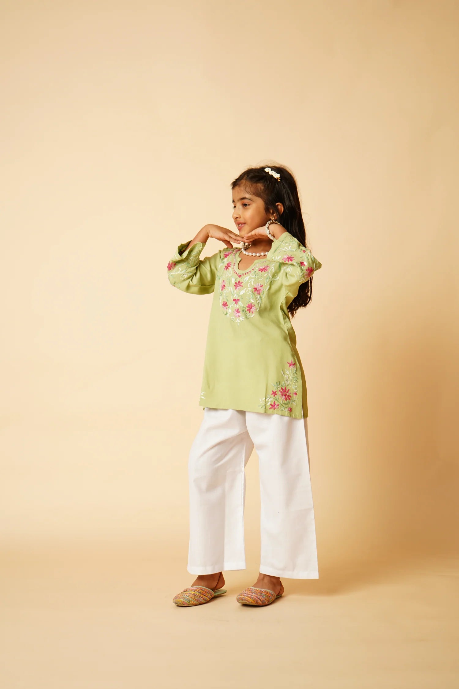 Chikankari Rayon Cotton Kids Kurta- Pista Green