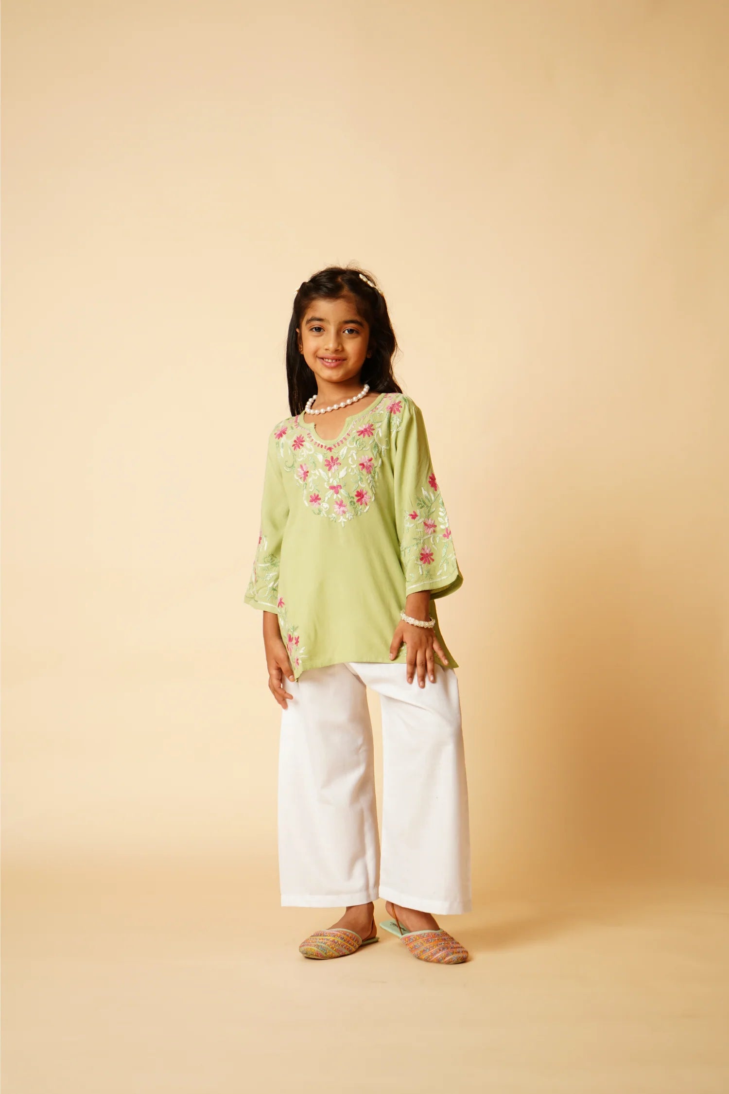 Chikankari Rayon Cotton Kids Kurta- Pista Green