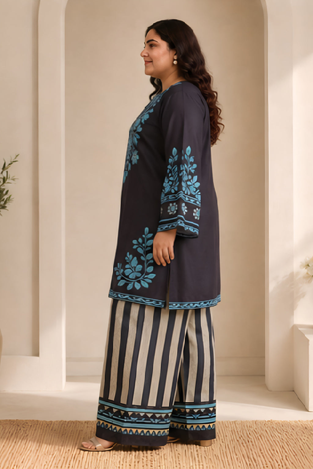 Plus Size - Black & Teal Printed Lawn Cotton Co-ord Set with Farsi Pants