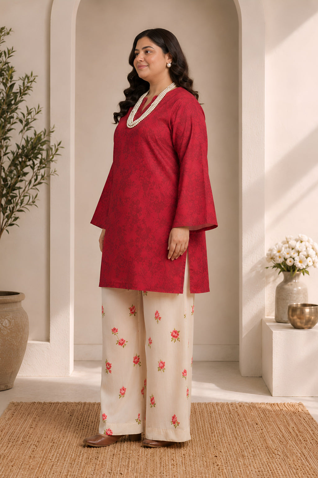 Plus Size - Red Printed Lawn Cotton Co-ord Set with Farsi Pants