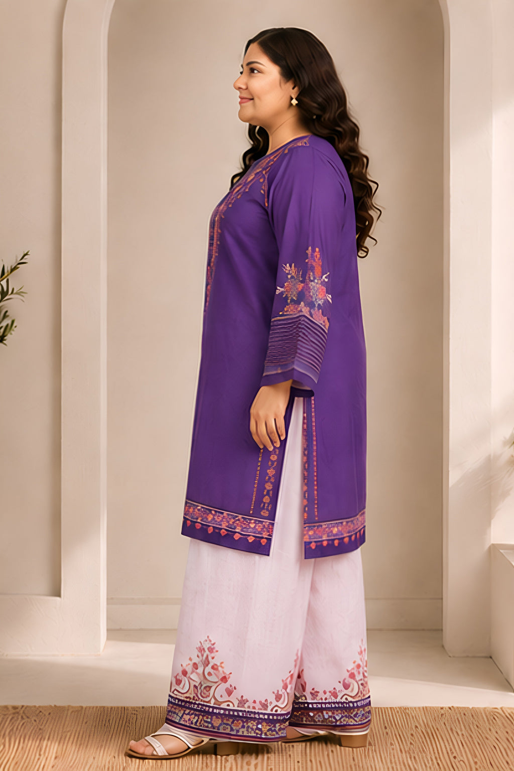 Plus Size - Purple Floral Printed  Lawn Cotton Co-ord Set