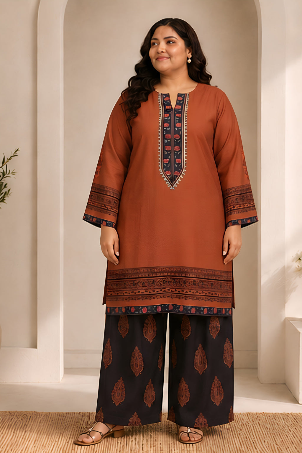 Plus Size - Cocoa Brown Printed  Lawn Cotton Co-ord Set