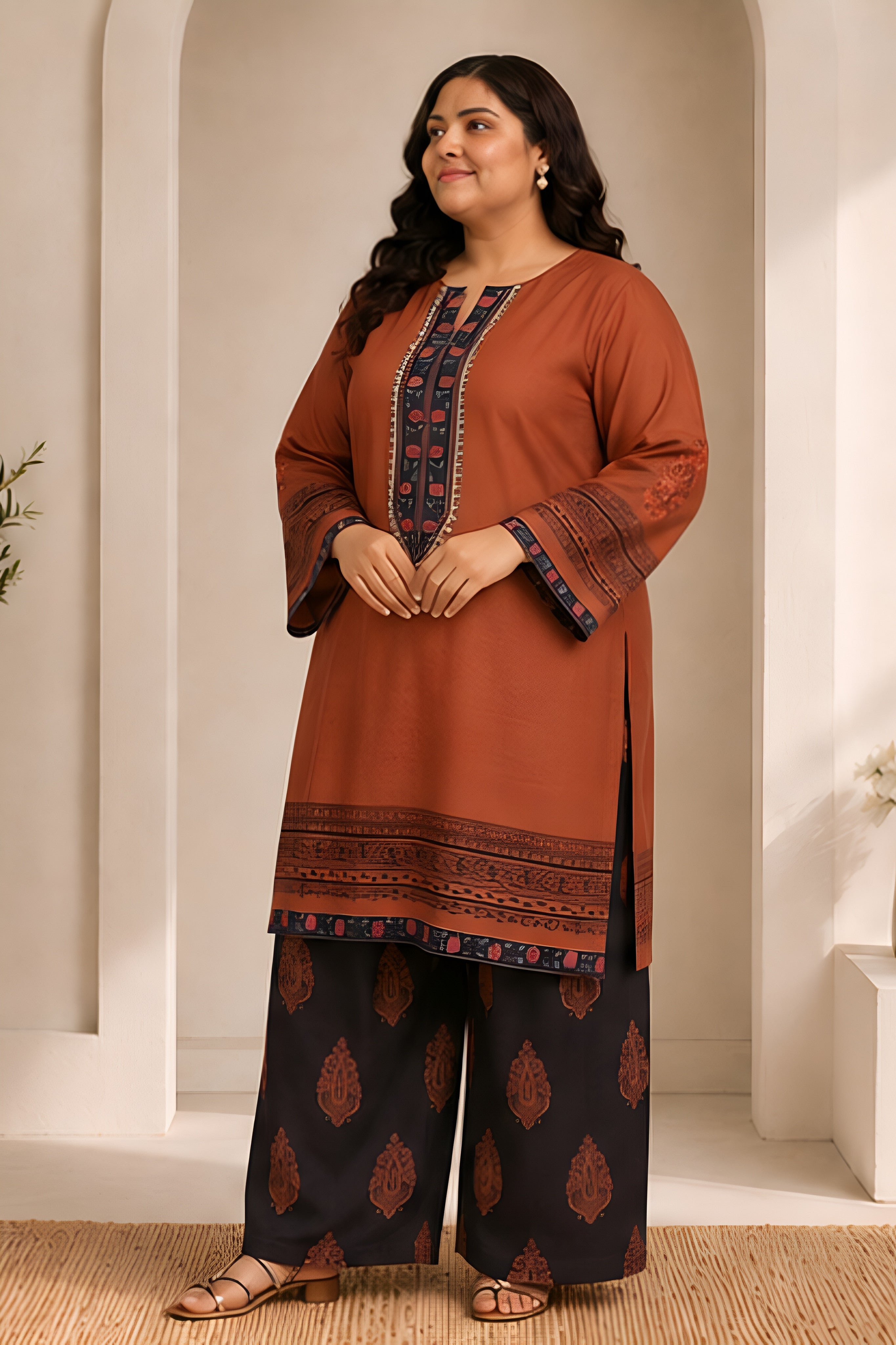Plus Size - Cocoa Brown Printed  Lawn Cotton Co-ord Set