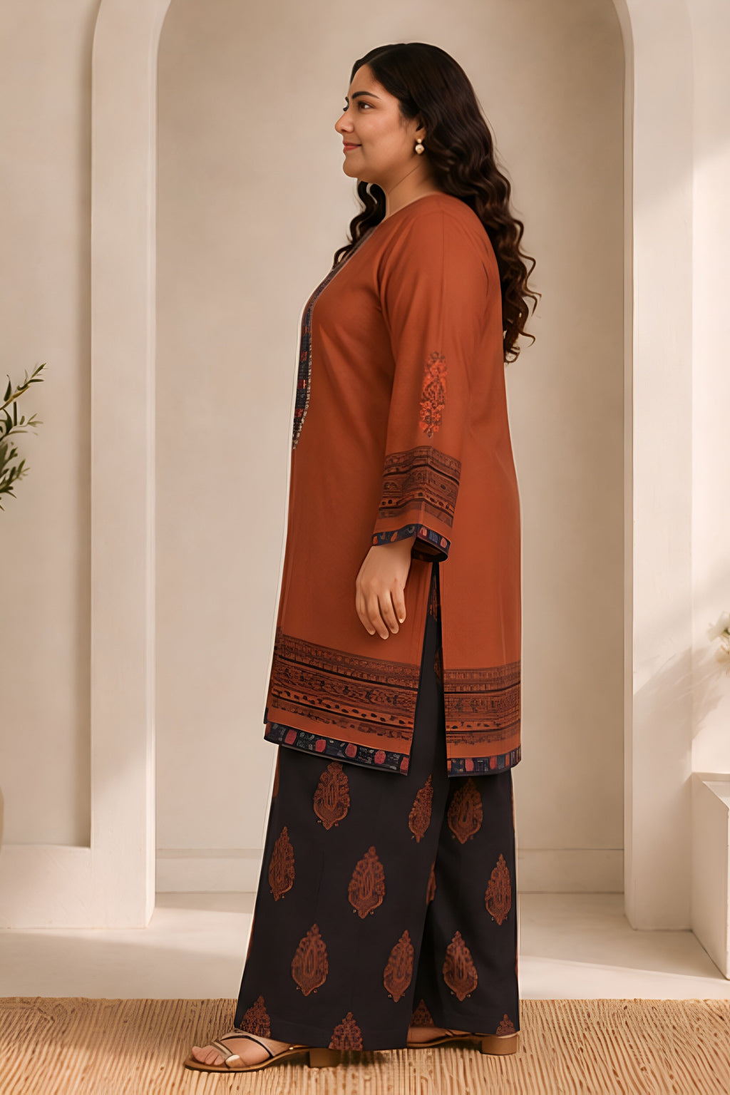 Plus Size - Cocoa Brown Printed  Lawn Cotton Co-ord Set