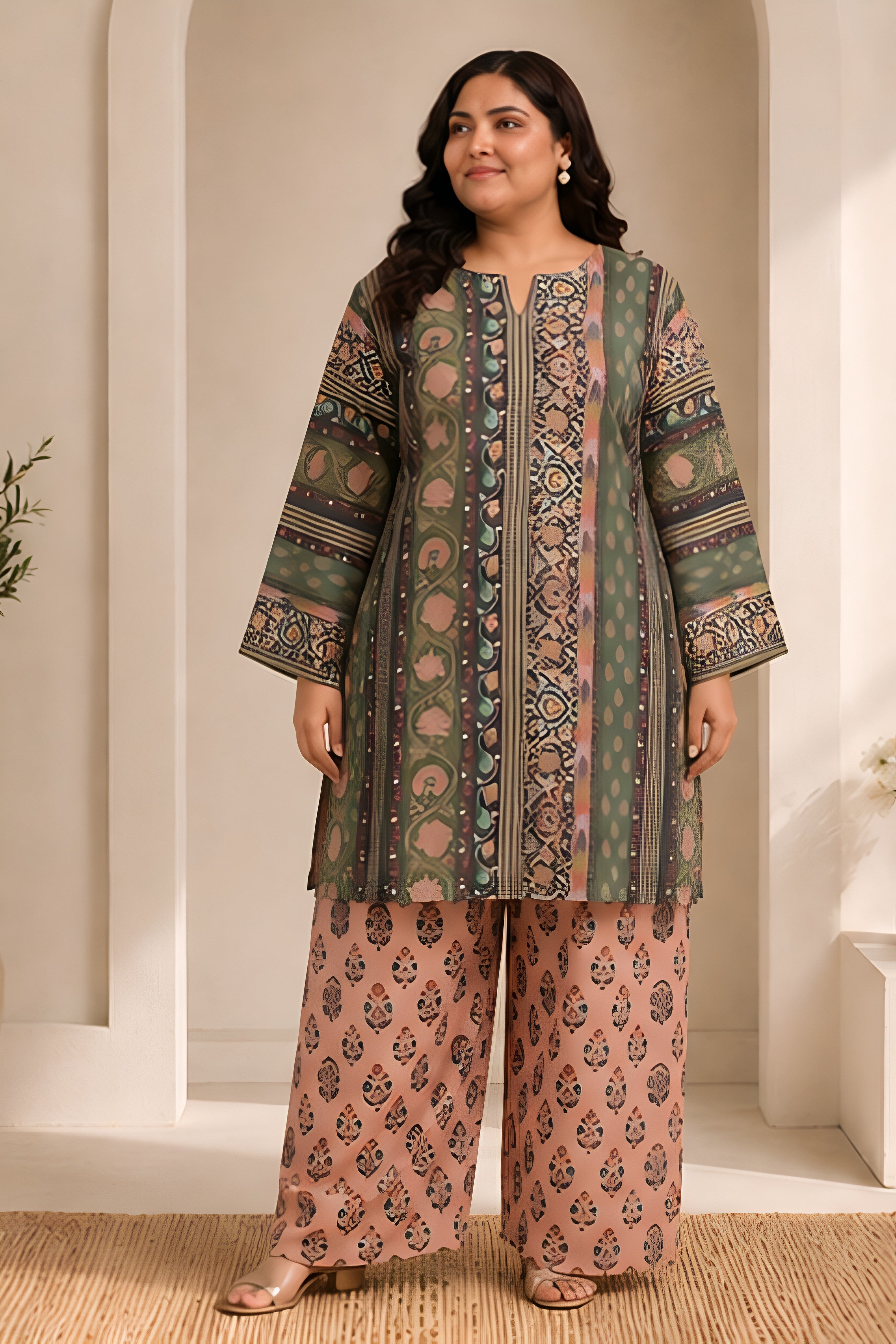 Plus Size - Forest Green Printed  Lawn Cotton Co-ord Set