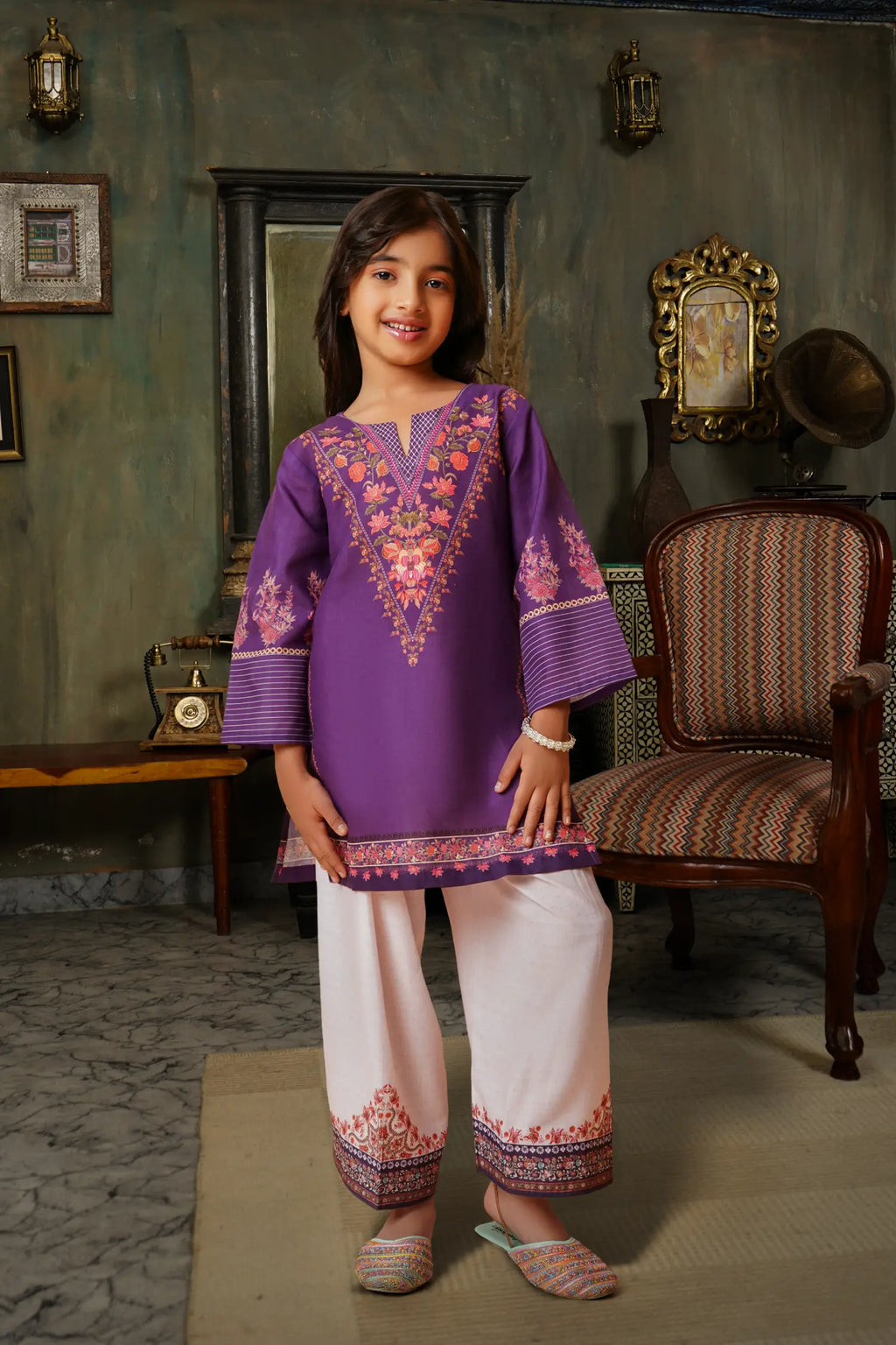 Printed Lawn Cotton Co-ord Set for Kids – Purple & Cream