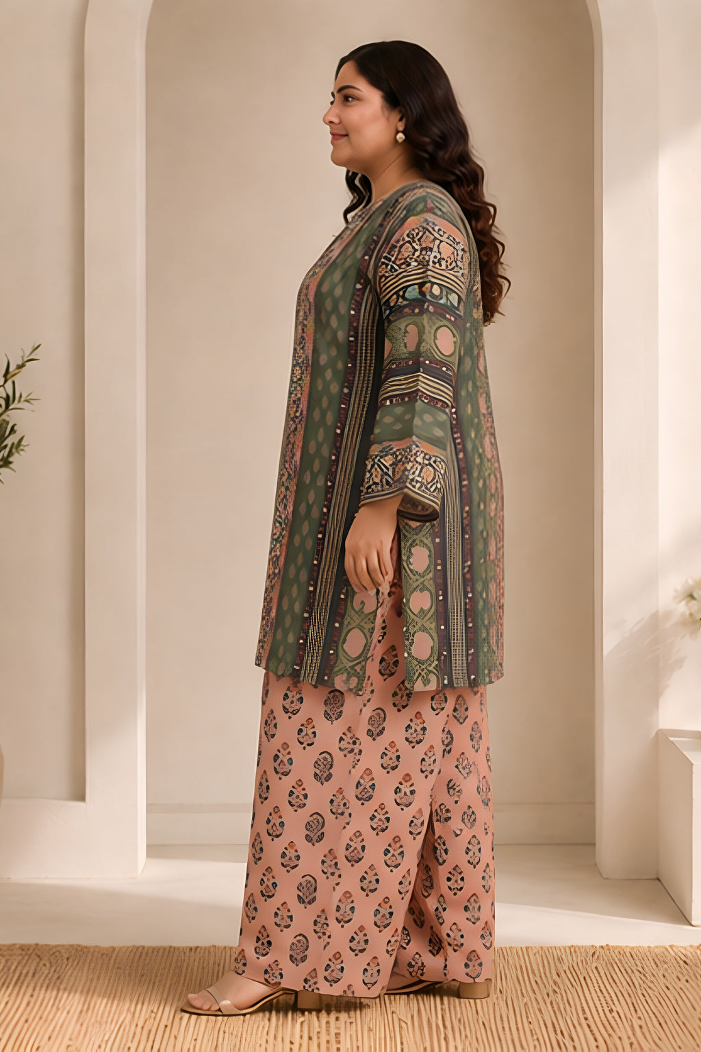 Plus Size - Forest Green Printed  Lawn Cotton Co-ord Set