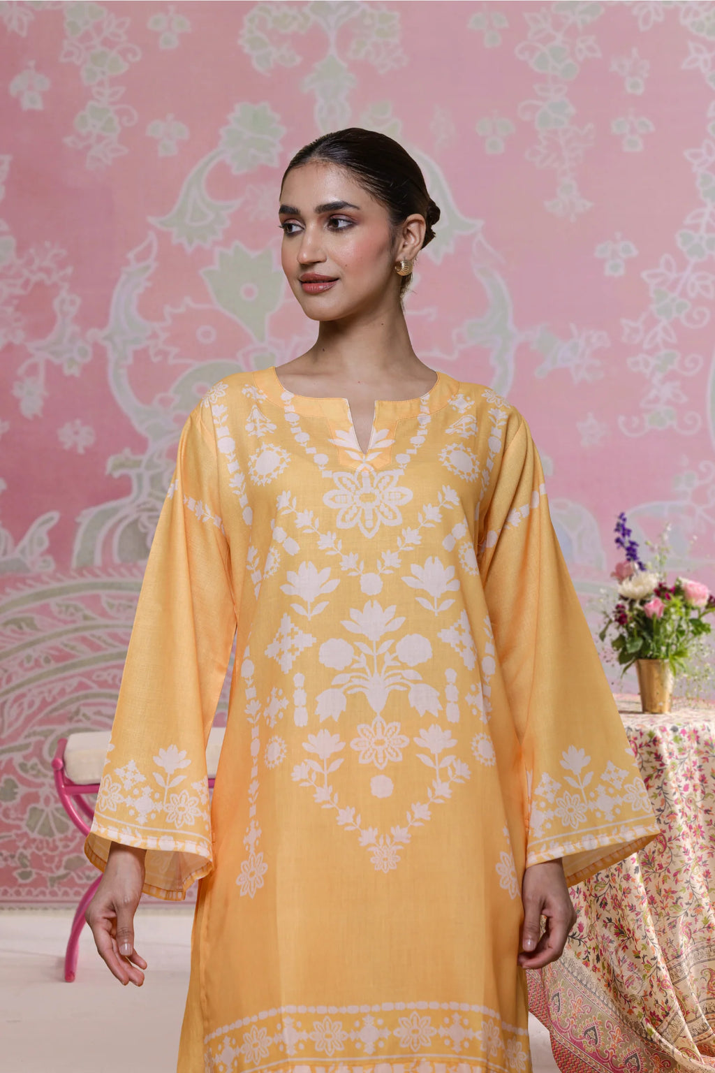 Sunshine Yellow Printed Lawn Cotton Co-ord Set with Farsi Pants