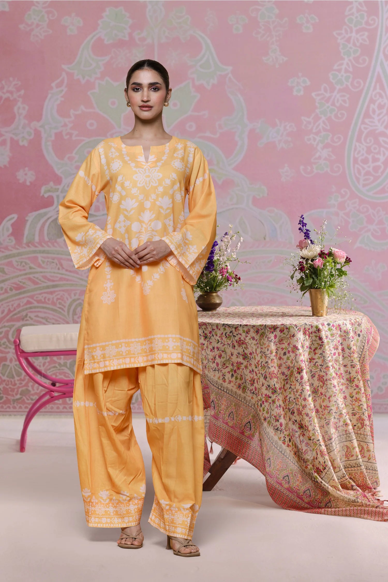 Sunshine Yellow Printed Lawn Cotton Co-ord Set with Farsi Pants