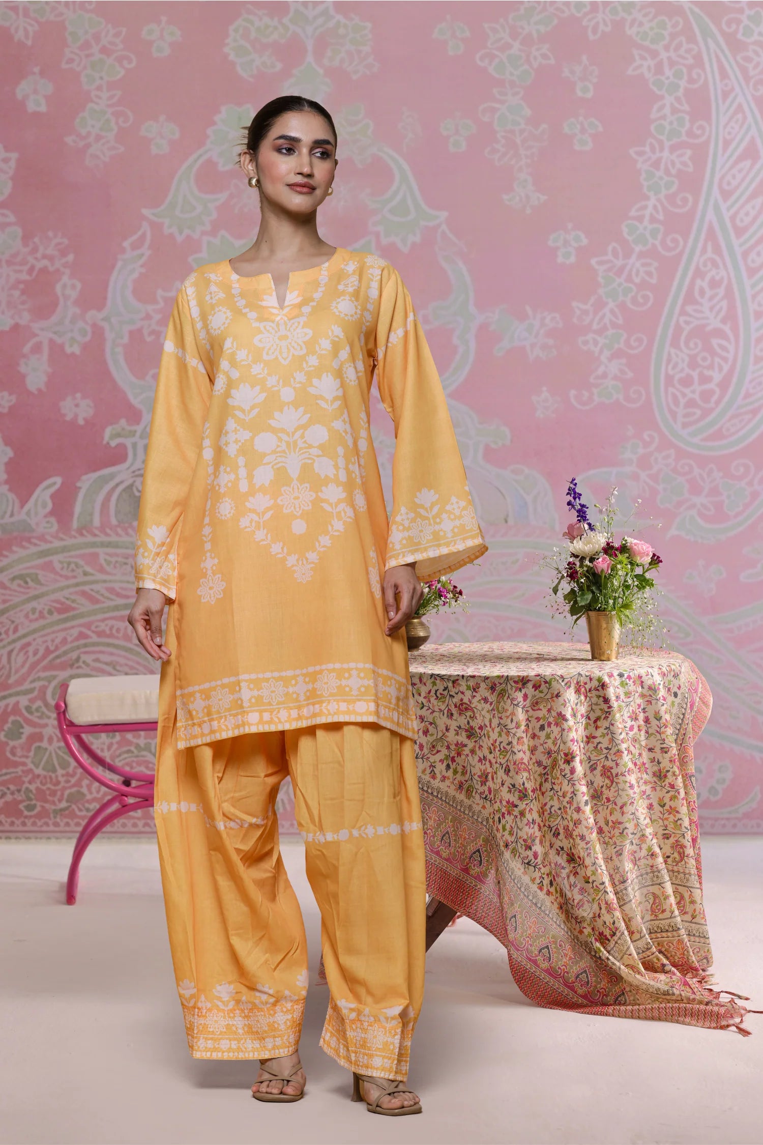 Sunshine Yellow Printed Lawn Cotton Co-ord Set with Farsi Pants
