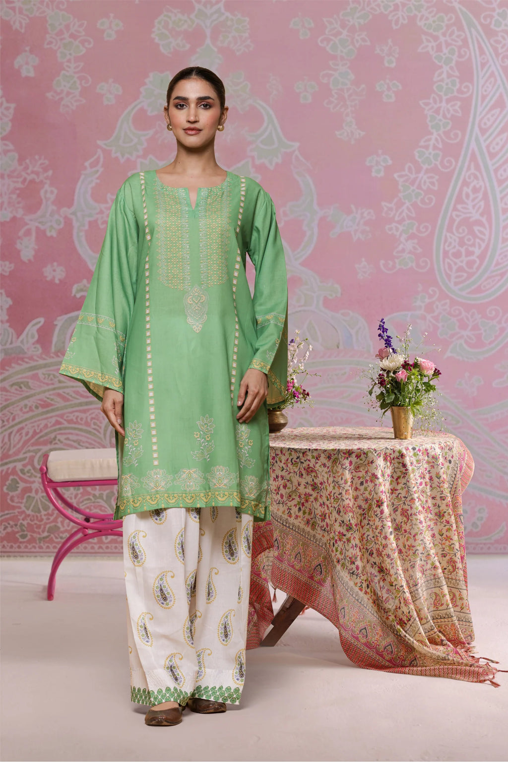 Green Printed Lawn Cotton Co-ord Set with Farsi Pants