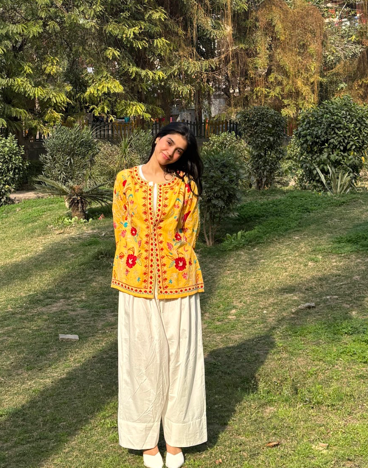 Mahak in Cotton Kashmiri Aari Embroidered Jacket – Mustard