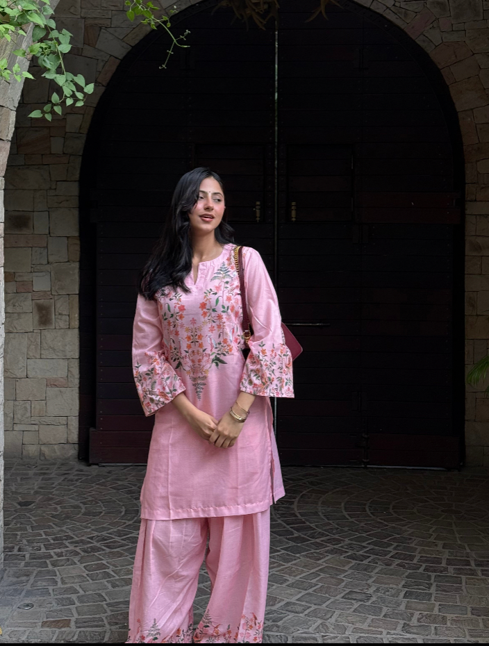 Mitali In Blush Pink Printed Lawn Cotton Co-ord Set with Farsi Pants