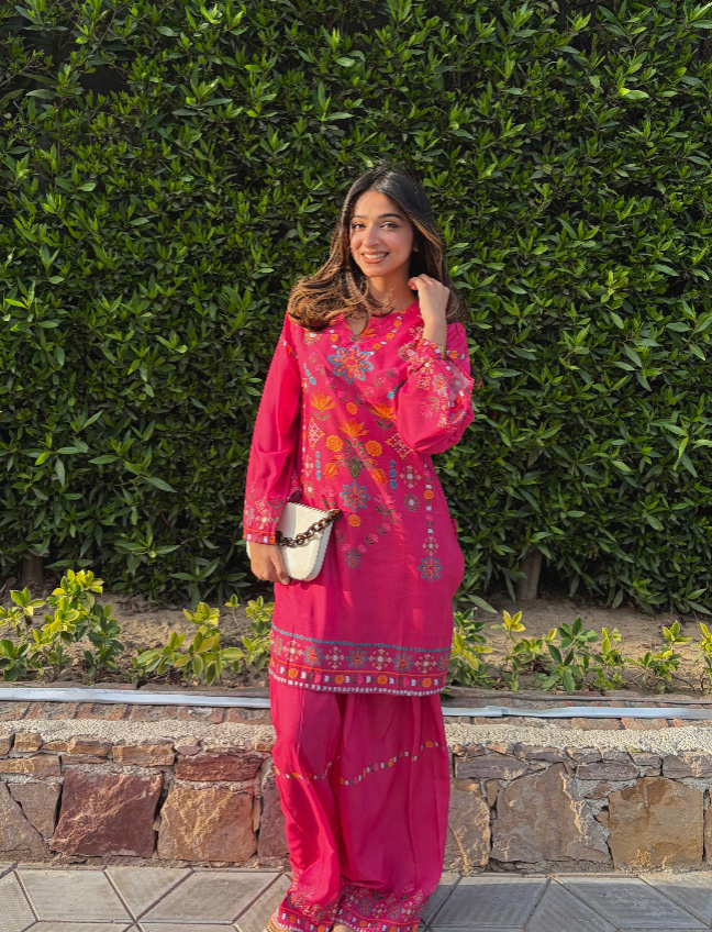 Prabhman In Raspberry Pink Printed Lawn Cotton Co-ord Set with Farsi Pants