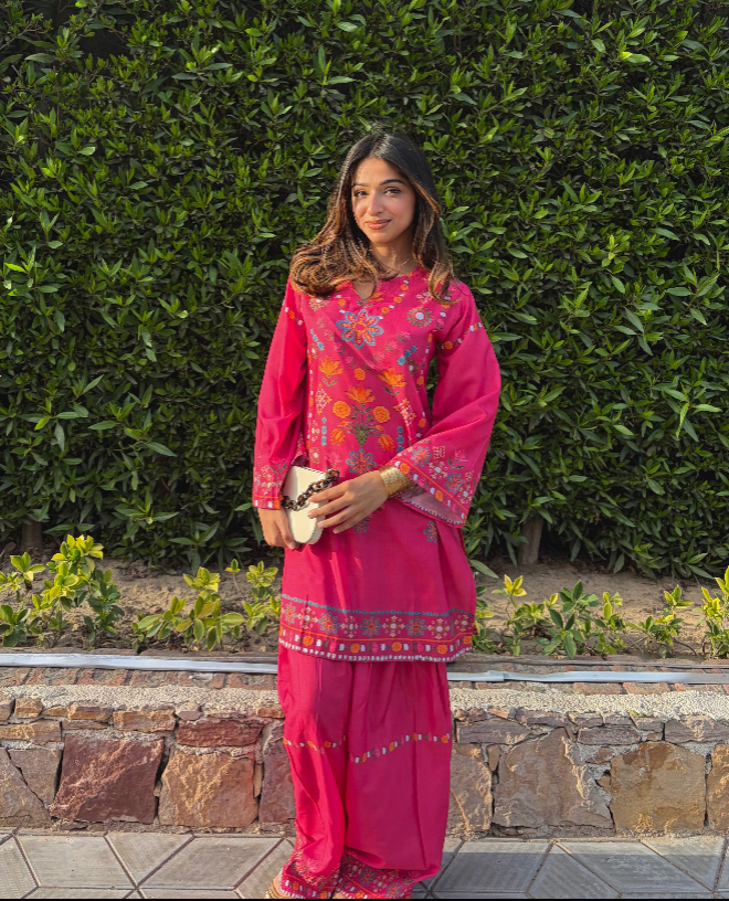 Prabhman In Raspberry Pink Printed Lawn Cotton Co-ord Set with Farsi Pants