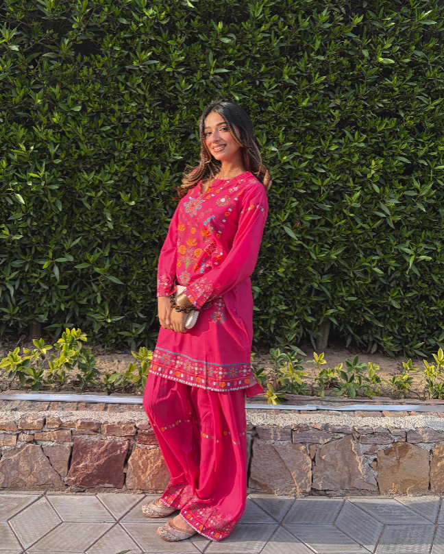 Prabhman In Raspberry Pink Printed Lawn Cotton Co-ord Set with Farsi Pants