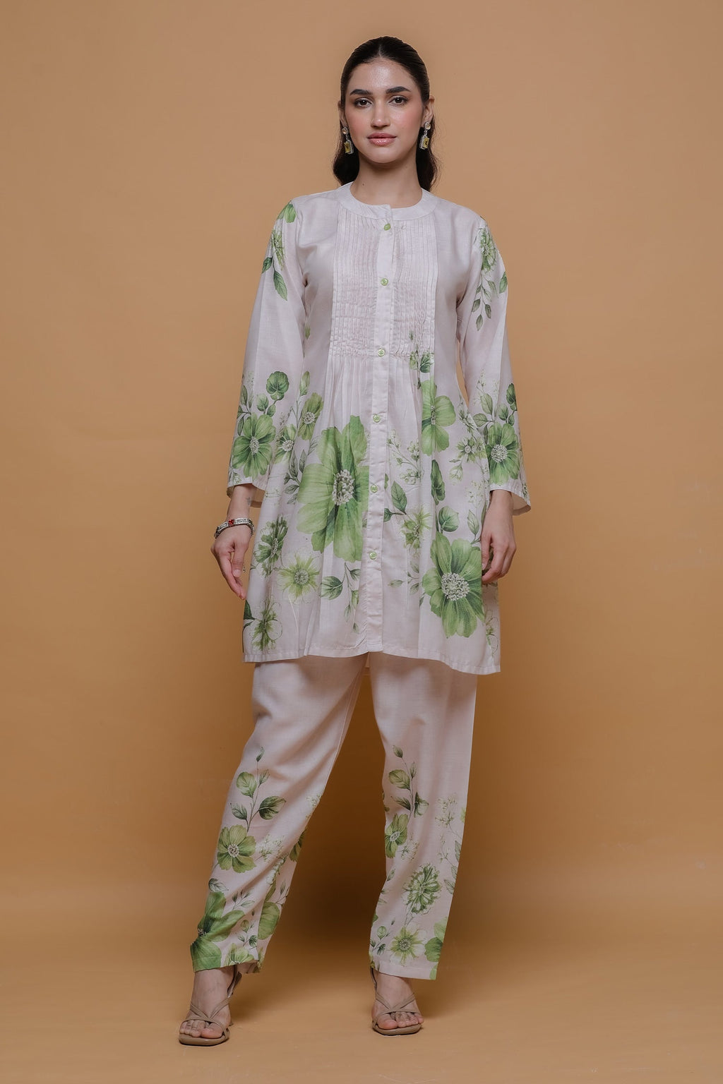 Ivory & Sage Green Printed Lawn Cotton Co-ord Set with Straight Pants