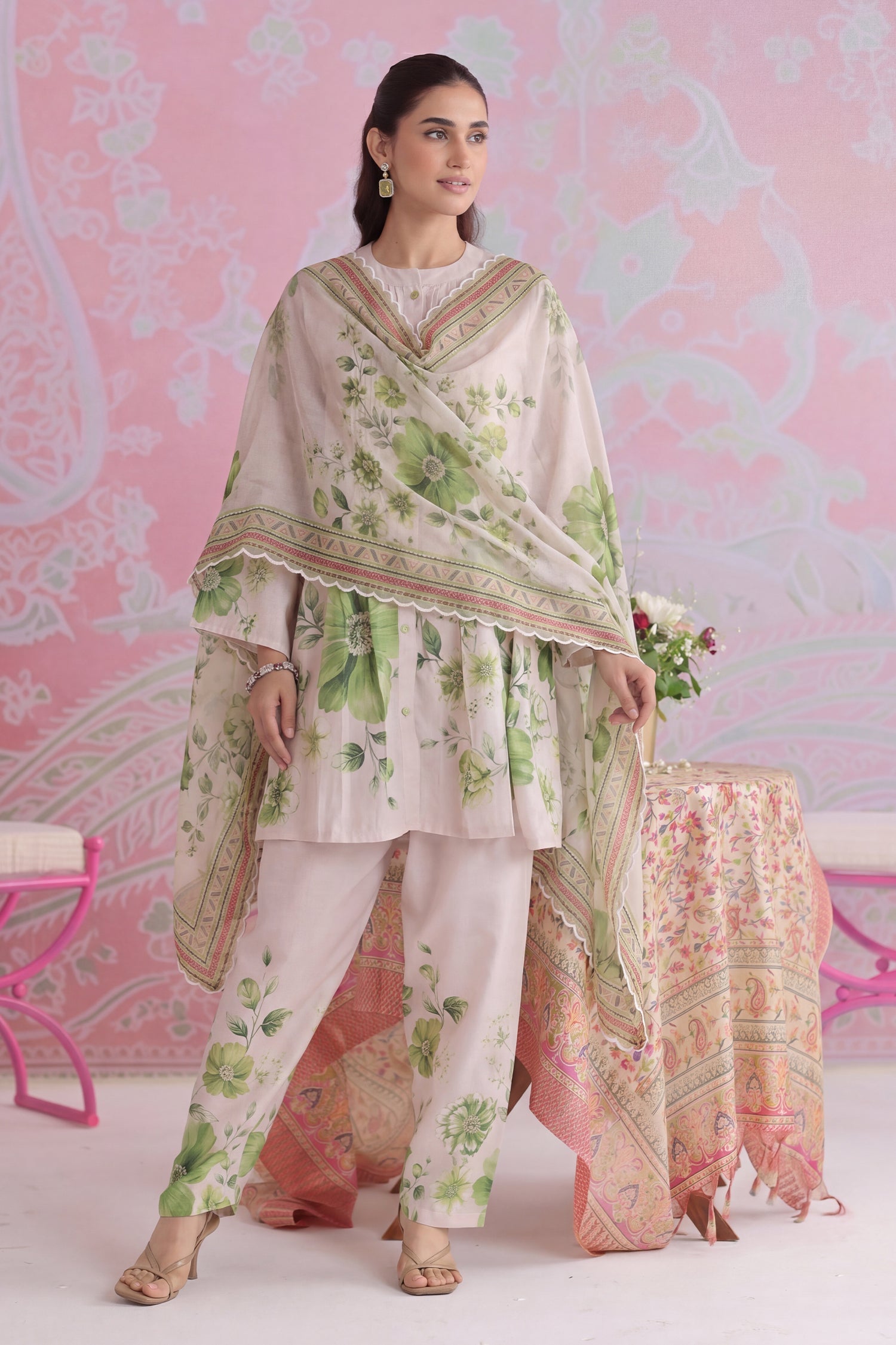 Printed Organza Dupatta in Ivory