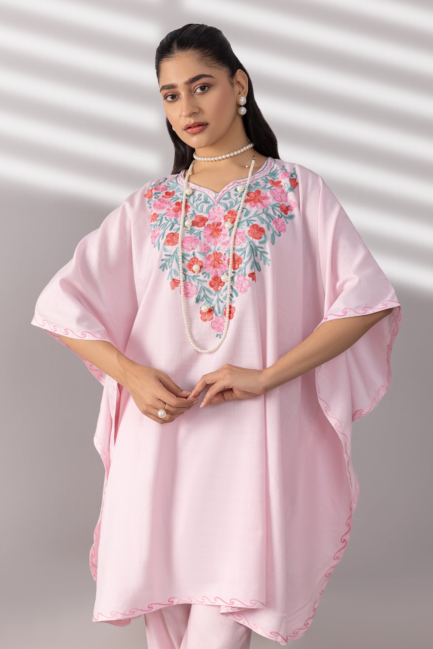 Cotton Kaftan Set in Kashmiri Aari - Pink
