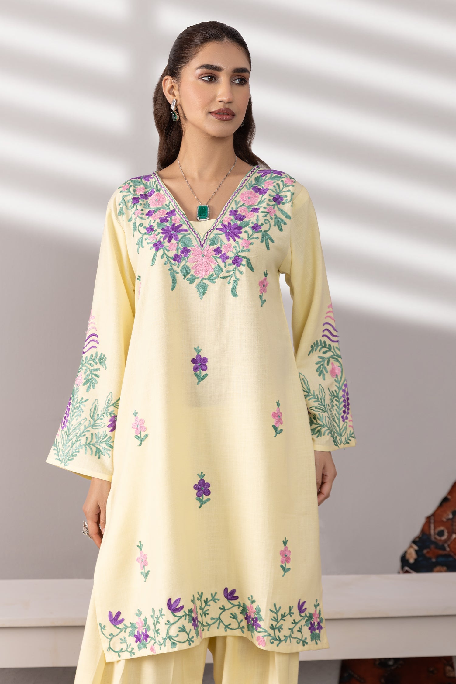Neha x HOK in Cotton Kurta Set in Kashmiri Aari - Pastel Yellow