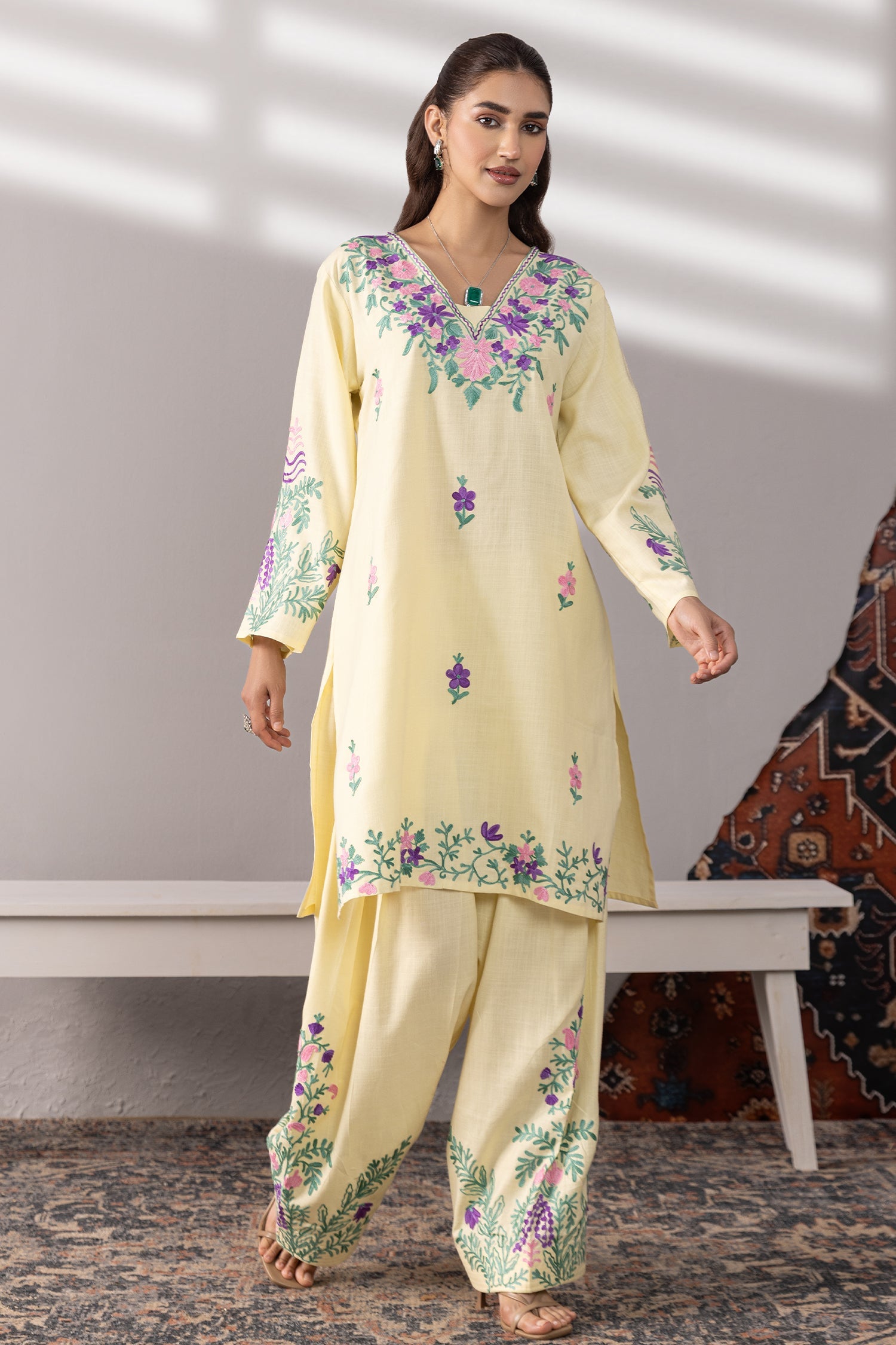 Neha x HOK in Cotton Kurta Set in Kashmiri Aari - Pastel Yellow