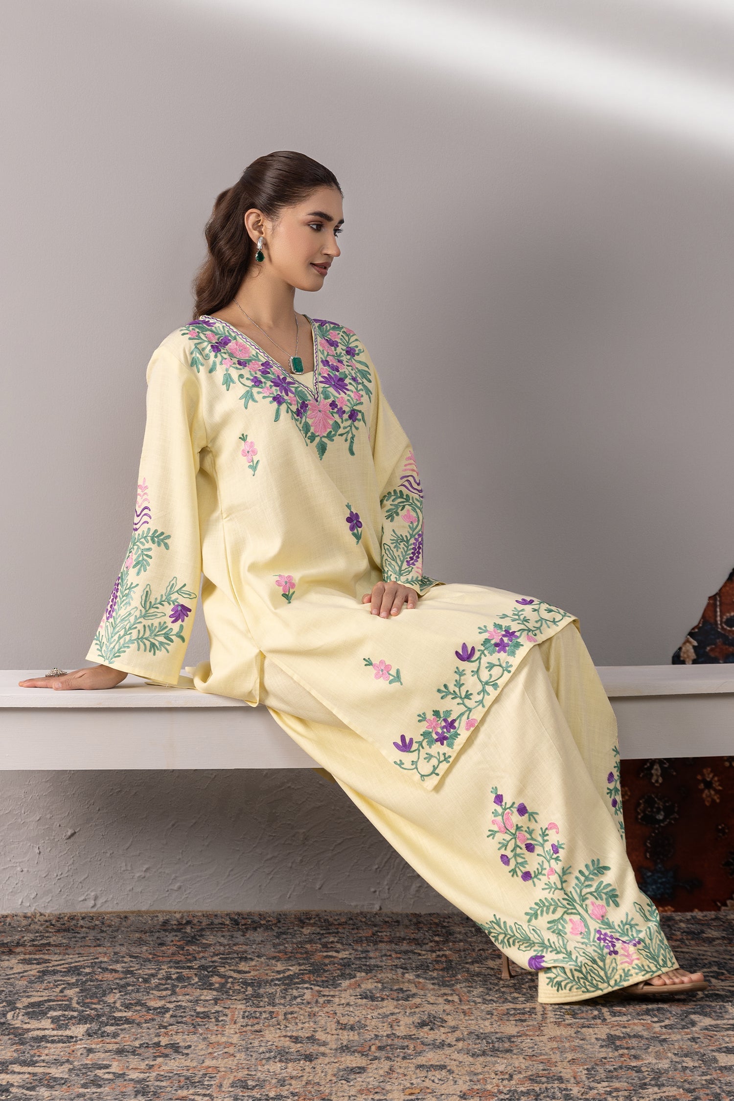Neha x HOK in Cotton Kurta Set in Kashmiri Aari - Pastel Yellow