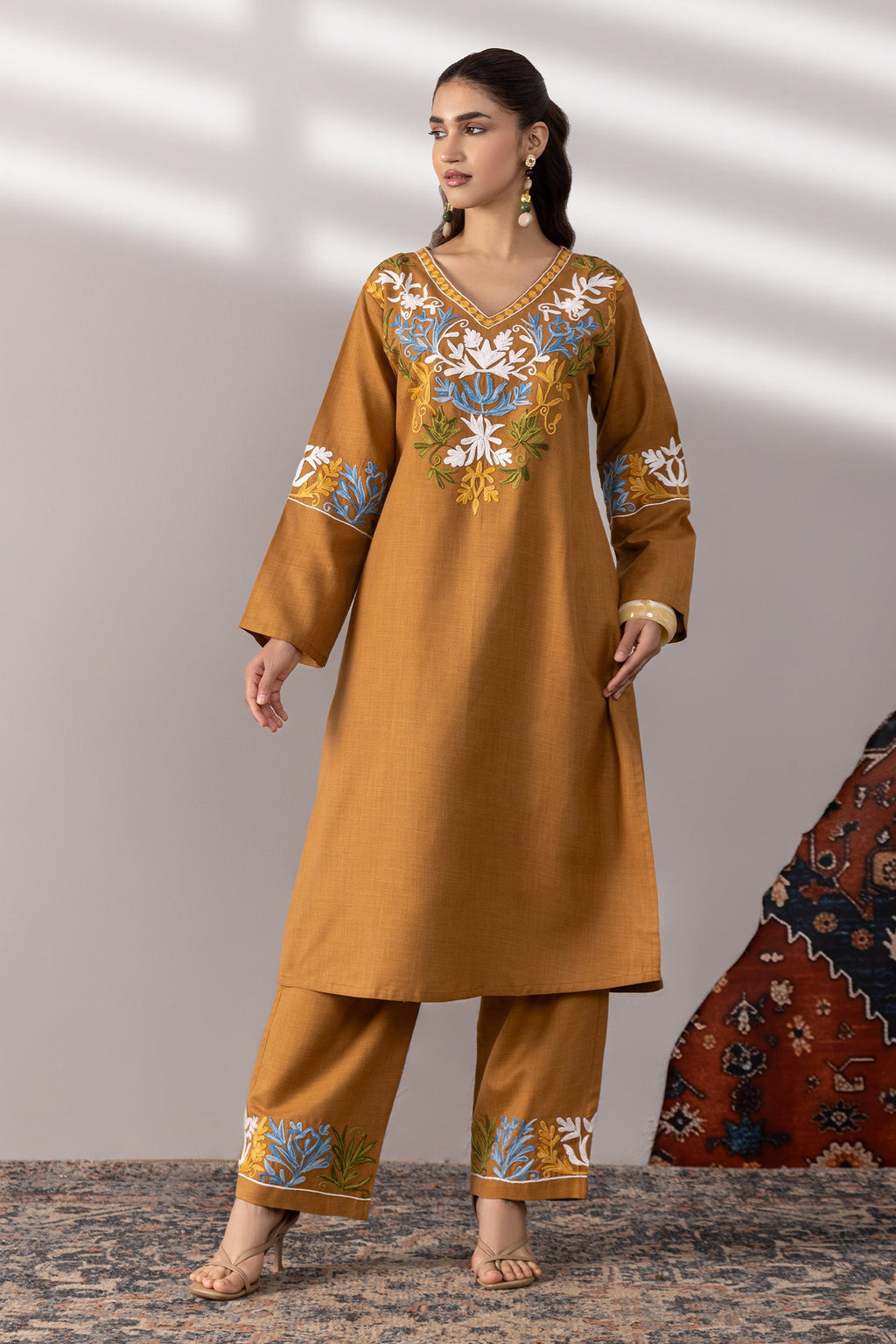 Cotton Kashmiri Aari  Kurta Set - Brown