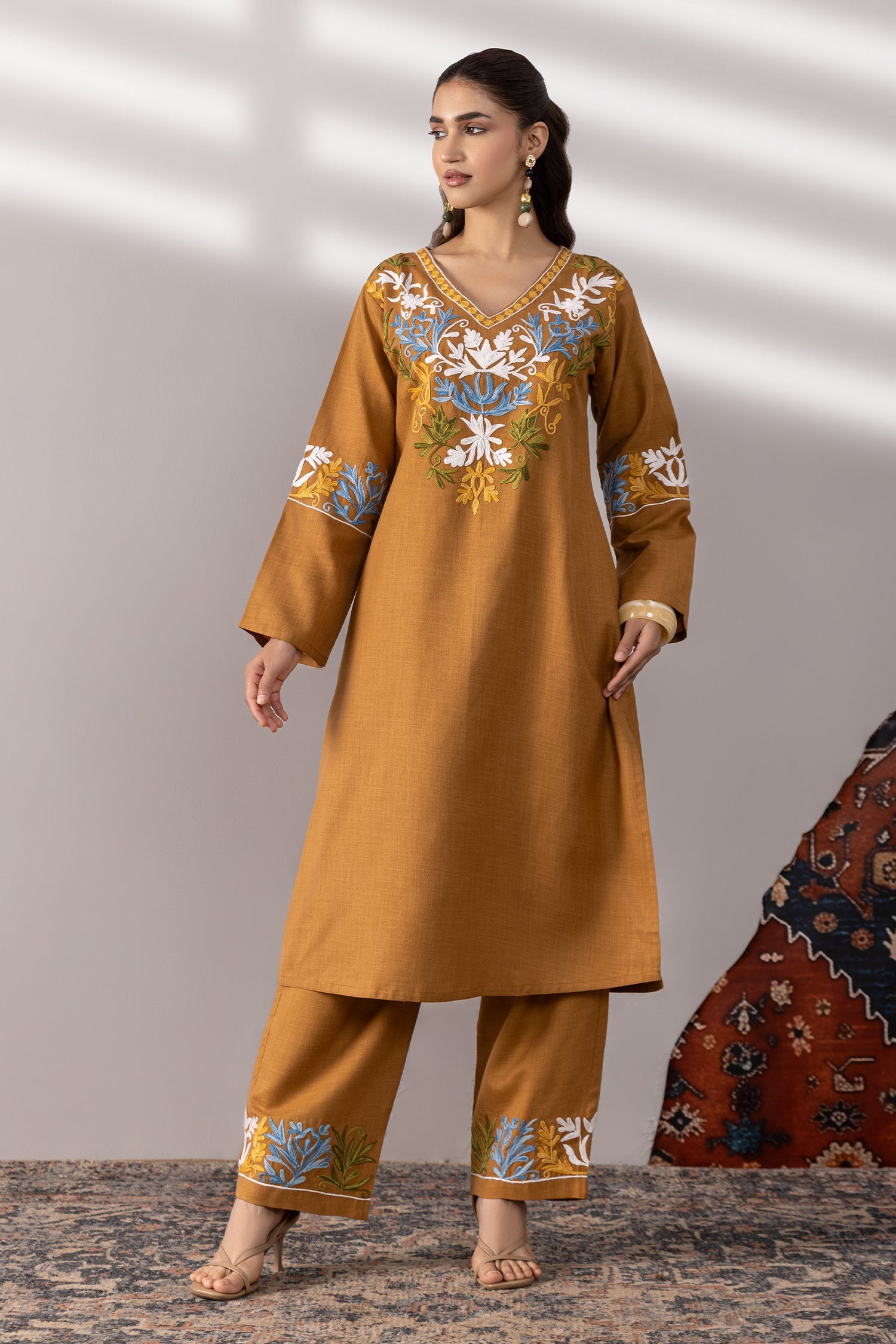 Cotton Kashmiri Aari  Kurta Set - Brown