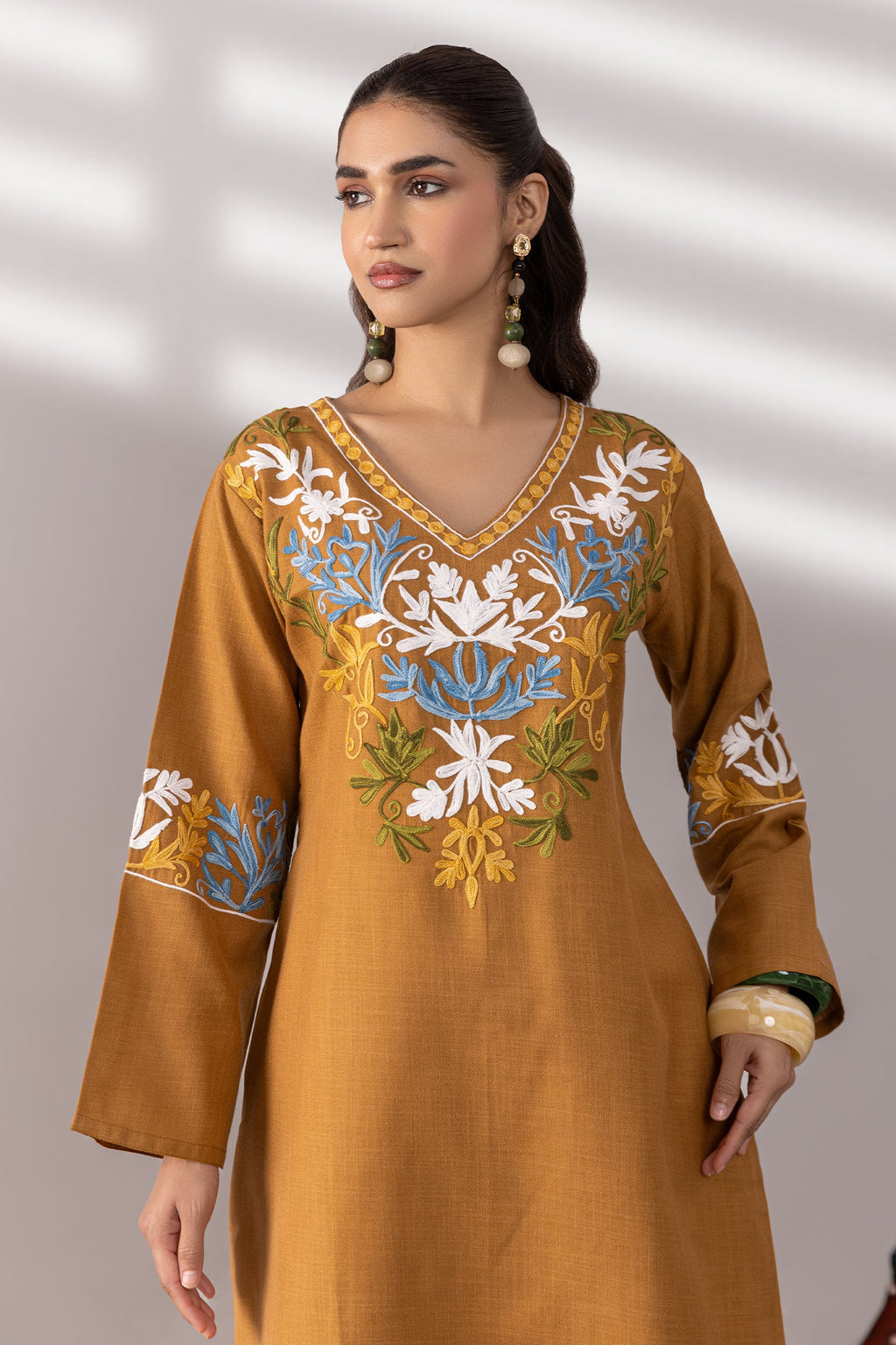 Cotton Kashmiri Aari  Kurta Set - Brown