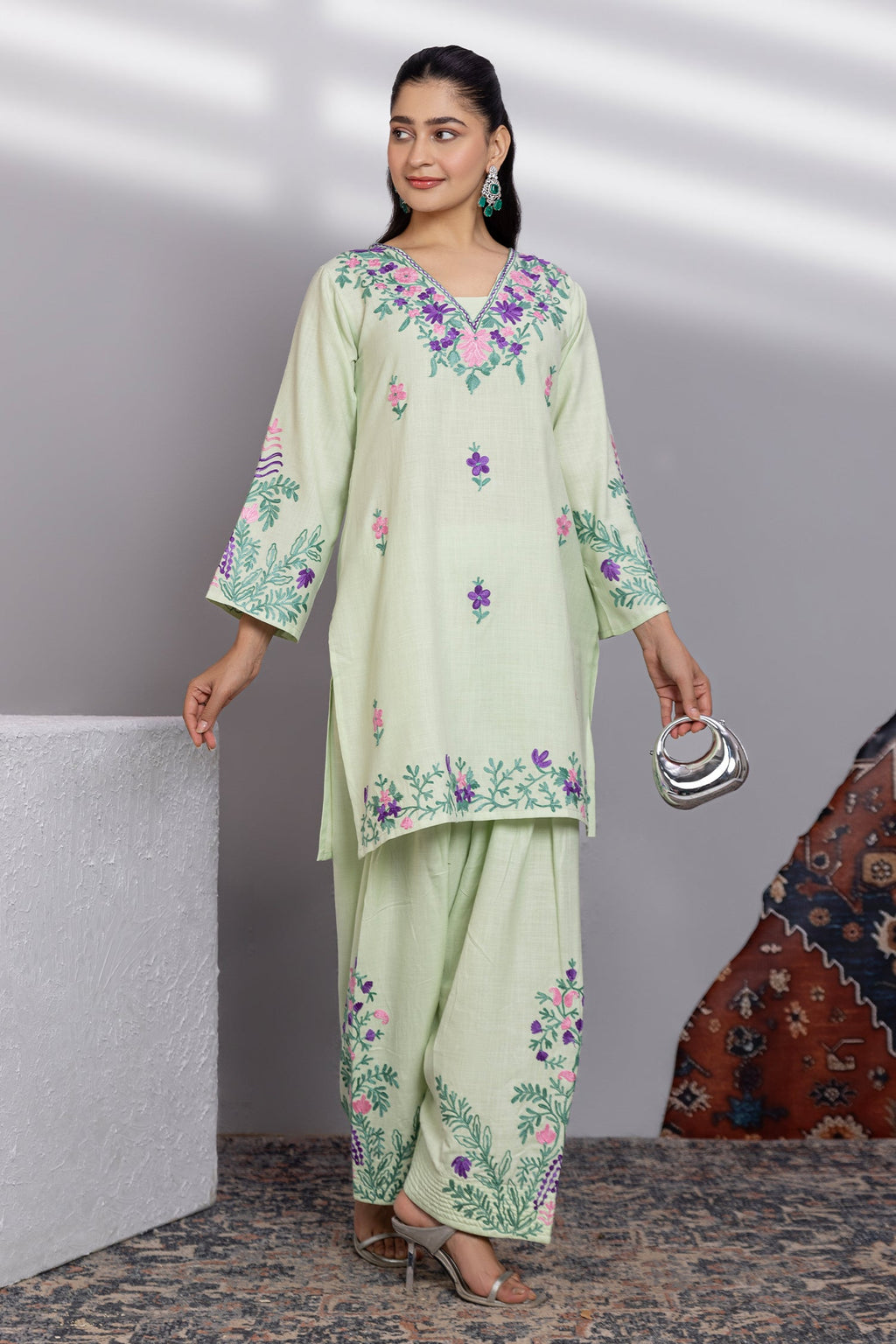 Priyanka x HOK in Cotton Kurta Set in Kashmiri Aari - Pastel Green