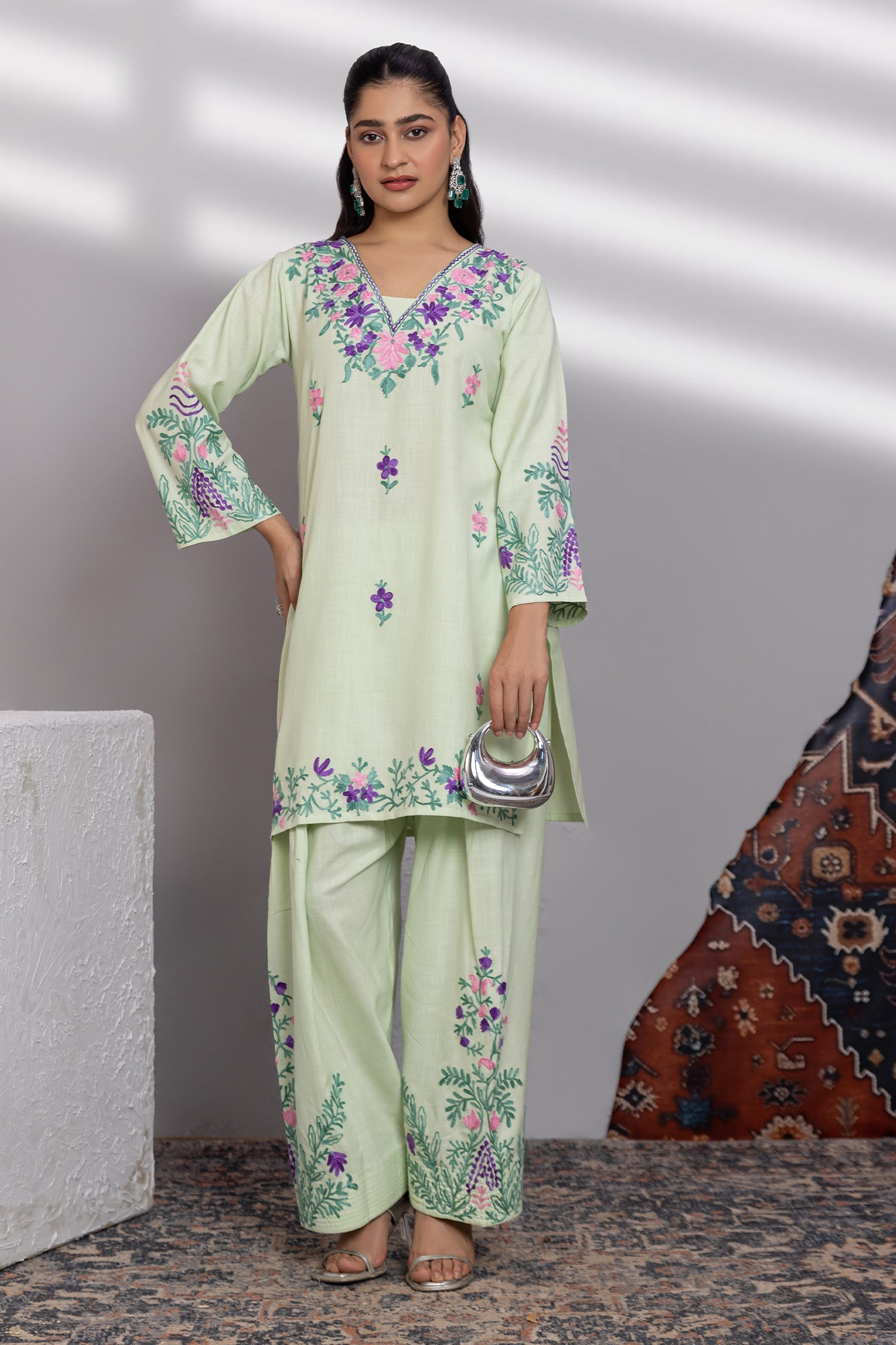Priyanka x HOK in Cotton Kurta Set in Kashmiri Aari - Pastel Green
