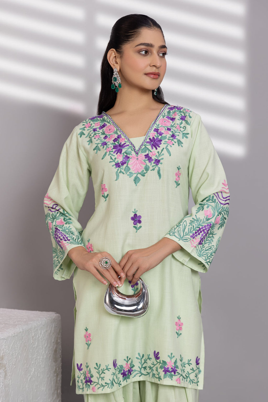 Priyanka x HOK in Cotton Kurta Set in Kashmiri Aari - Pastel Green