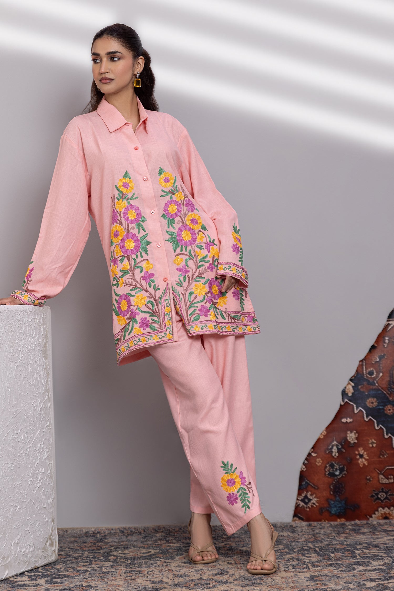 Cotton Kashmiri Aari  Shirt Set - Pink