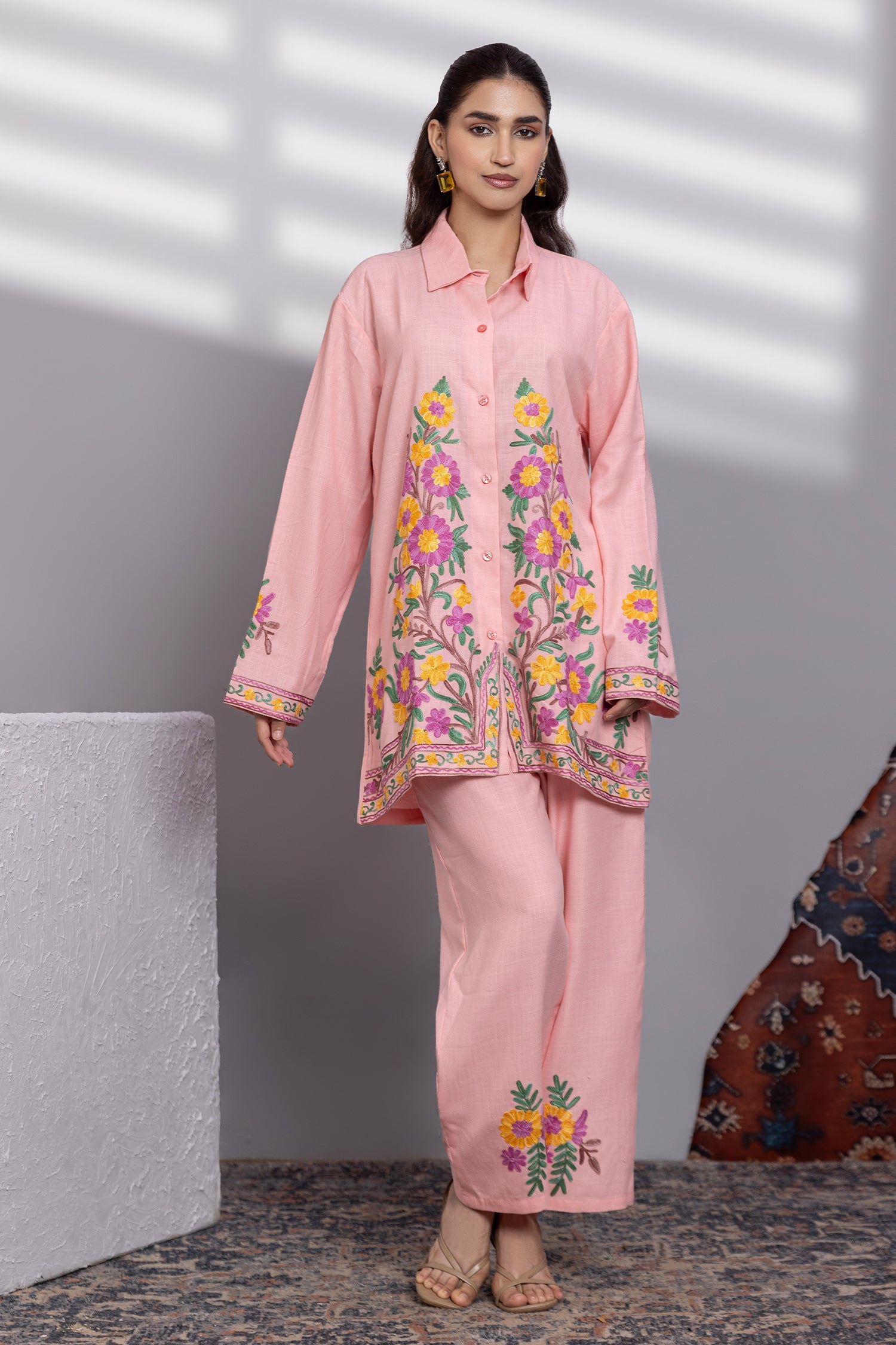 Cotton Kashmiri Aari  Shirt Set - Pink