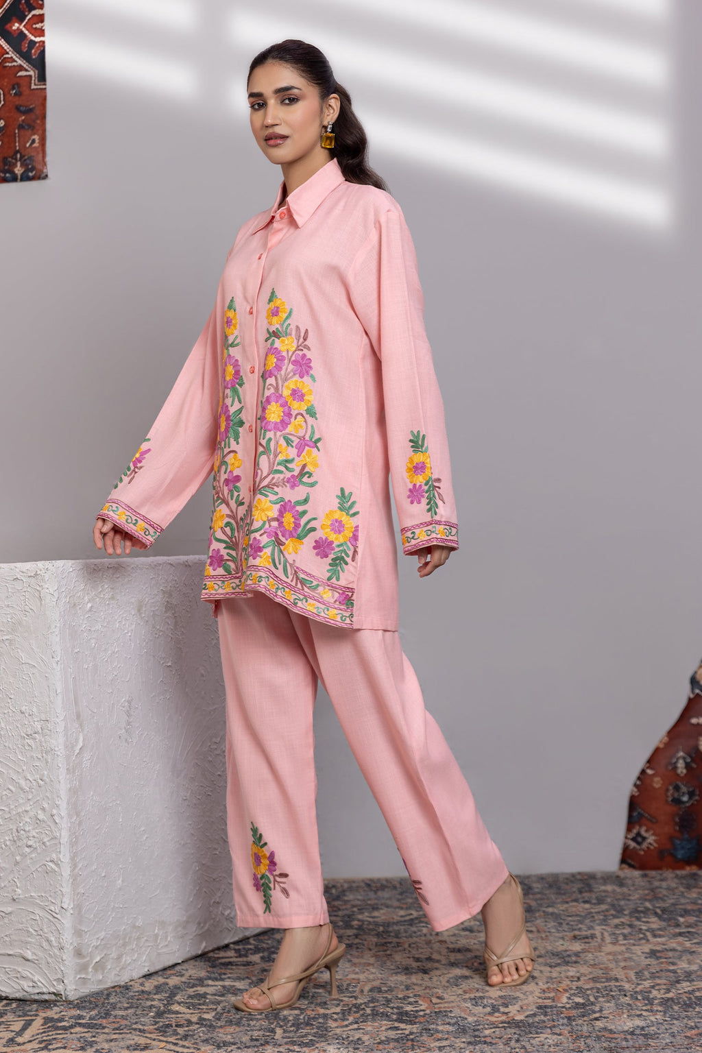 Cotton Kashmiri Aari  Shirt Set - Pink