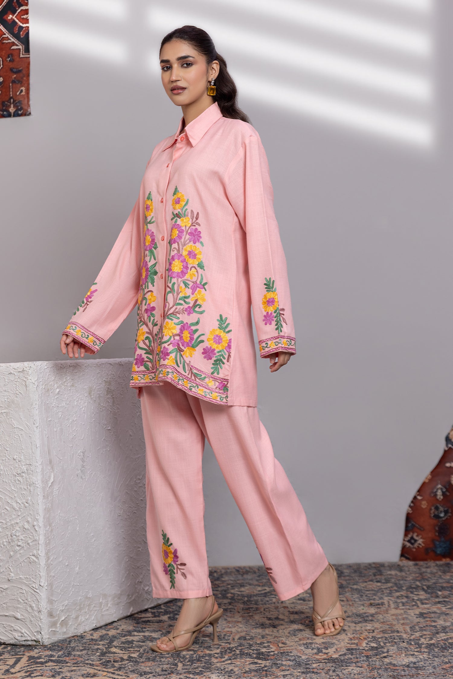 Cotton Kashmiri Aari  Shirt Set - Pink
